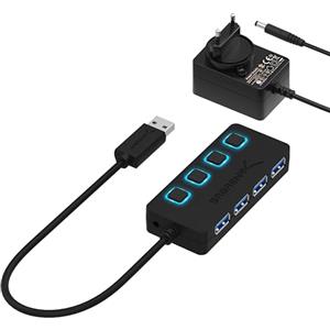 SABRENT Hub USB 3.2 Gen 1 [4 porte], Ciabatta Multipresa USB, Sdoppiatore USB, Singoli Interruttori ON/OFF e Spie LED con Alimentatore, per PS4/PS5, PC, Laptop, Chiavetta USB (HB-UMP3)