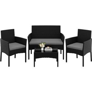 Yaheetech Set di Mobili da Giardino da Balcone 4 Pezzi in Polyrattan con Divano a 2 Posti 2 Poltrone 1 Tavolo per Esterni Patio Giardino Nero/Grigio Chiaro