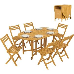 Outsunny Set Tavolo e Sedie da Giardino 7 Pezzi in Legno Acacia, Set da Pranzo Esterno Pieghevole con 6 Sedie e Tavolo a Doghe Pieghevoli con Foro Ombrellone, Ruote, per Terrazza Balcone, Color Legno