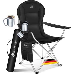 KESSER Sedia da campeggio pieghevole fino a 150 kg, sedia pieghevole imbottita con braccioli, schienale alto, sedia da spiaggia, sgabello pieghevole con luce da campeggio, porta bevande, borsa e tazza