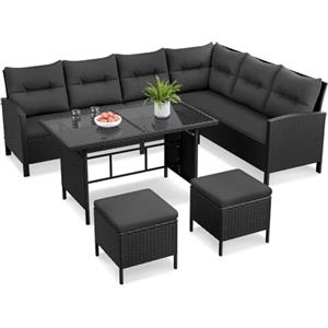Yaheetech Set Mobili da Giardino in Rattan PE con 1 Divano ad Angolo 1 Tavolo 2 Pouf, Mobili Esterni 7 Posti con Cuscini per Patio Balcone Terrazza, Nero e Grigio