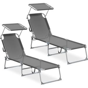 SONGMICS Sedie a Sdraio Pieghevoli, 189 x 53 x 28,5 cm, Lettini Prendisole, Portata 110 kg Ciascuno, Parasole e Schienale Regolabili, per Terrazza e Balcone, Set da 2, Grigio GCB294GZ02