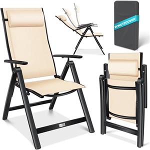 KESSER® Sedia da giardino con schienale alto, con braccioli, in alluminio, con cuscino, regolabile in 7 posizioni, resistente alle intemperie, pieghevole, 1 pezzo, Beige