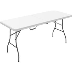 Outsunny Tavolo da Campeggio Pieghevole con Maniglia, Tavolino da Esterno Richiudibile con Telaio in Metallo e Piano in Plastica, per Giardino, Terrazzo, Pic Nic, 180x74x74 cm, Bianco