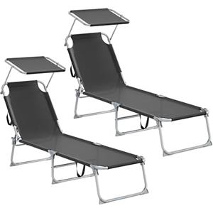 SONGMICS Sedie a Sdraio Pieghevoli, 189 x 53 x 28,5 cm, Lettini Prendisole, Portata 110 kg Ciascuno, Parasole e Schienale Regolabili, per Terrazza e Balcone, Set da 2, Nero GCB294BZ02