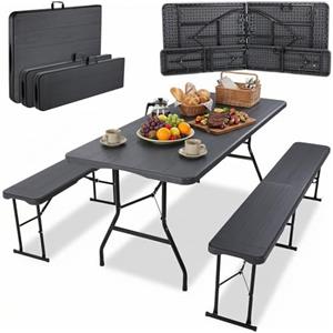 LIFERUN Set Tenda da Birra da 3 Pezzi 180cm, 1 Tavolo e 2 Panche Pieghevoli, Set di Mobili da Giardino in Plastica HDPE, Set Birreria con Manico di Trasporto, per Campeggio Picnic Esterno, Ottica in Legno