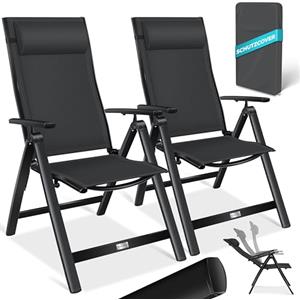 KESSER® Sedia da giardino con schienale alto, con braccioli, in alluminio, con cuscino, regolabile in 7 posizioni, resistente alle intemperie, pieghevole, 2 pezzi, Nero