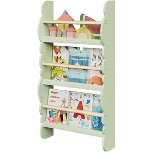 WOLTU Libreria da Parete per Bambini, Piccola Libreria Frontale a 3 Ripiani in Legno, Scaffale Porta Libri a Muro per Cameretta, Viaggio nella Foresta, Verde, 42,5x14,5x80 cm