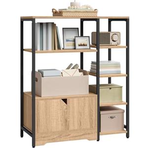 WOLTU Scaffale Moderno con Ripiani e Armadietto, Scaffale Divisorio 80x35x97 cm, Stile Industriale, Struttura in Metallo, Nero + Rovere Chiaro, RGB08hei
