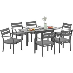 Outsunny Set Tavolo da Giardino con Sedie da 7 Pezzi, Set da Pranzo con Tavolo Allungabile, 6 Sedie da Esterno Impilabili con Braccioli e Cuscini, Set di Mobili a Doghe in Acciaio Alluminio, Grigio