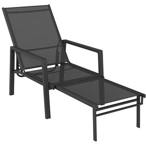 Outsunny Lettino Prendisole da Giardino 2 in 1 con Poggiapiedi Retrattile, Sedia Sdraio con Schienale Regolabile 5 Livelli, Sdraio da Giardino in Texteline, Struttura Acciaio per Piscina Terrazzo Nero