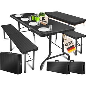 KESSER® Set tenda da birra - Set da 3 pezzi, Tavolo + 2 x Panca, per Interni - Esterni, AxLxP - 73x180x75 cm, Plastica, Set da Giardino in simil Rattan, Pieghevole, Nero