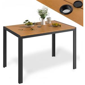 LIFERUN Tavolo da giardino con foro per ombrellone, 110 x 70 cm, resistente alle intemperie, telaio in alluminio, tavolo da pranzo rettangolare per esterni, per terrazze, marrone teak