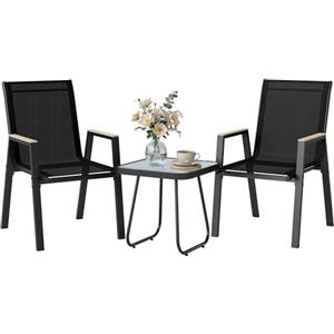 Outsunny Set da Bistrò da 3 Pezzi, Set da Giardino con 2 Sedie Texteline, Tavolo con Piano Effetto Legno, Braccioli Decorativi, Set di Mobili da Giardino in Metallo, per Patio Balcone Terrazzo, Nero