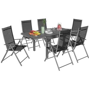 Outsunny Set Tavolo da Giardino con Sedie da 7 Pezzi, Set da Pranzo con Tavolo Allungabile 90/180cm, 6 Sedie da Esterno Pieghevoli con Braccioli, Set di Mobili in Acciaio e Textilene, Grigio e Nero
