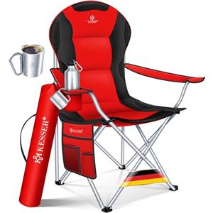 KESSER Sedia da campeggio pieghevole fino a 150 kg, sedia pieghevole imbottita con braccioli, schienale alto, sedia da spiaggia, sgabello pieghevole con luce da campeggio, porta bevande, borsa e tazza