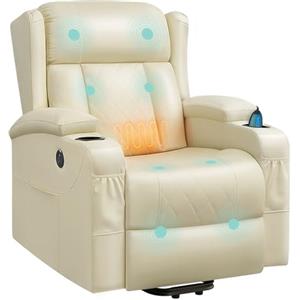 WOLTU Poltrona Elettrica Reclinabile, Sedia Massaggiante con Alzapersone, Riscaldamento, Poggiapiedi, Tasche Laterali, Porta USB, Portabicchieri, per Soggiorno, PU, Beige, SKS62be