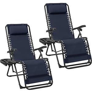 Yaheetech Set di 2 Sedie a Sdraio Pieghevoli a Gravità Zero con Vassoio Rimovibile Poltrona Relax per Piscina Giardino Esterno Spiaggia Blu