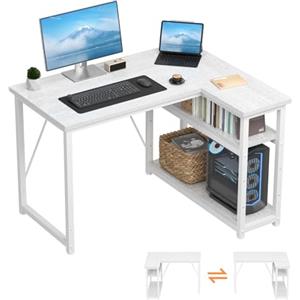 TRIUMPHKEY Scrivania ad Angolo Reversibile 100 x 80cm, Scrivania a Forma di L con Ripiani,Tavolo da Lavoro,Struttura in Acciaio, per Computer, Ufficio, Studio and Soggiorno, Bianco