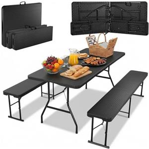 LIFERUN Set Tenda da Birra da 3 Pezzi 180cm in Plastica HDPE, Set di Mobili da Giardino 1 Tavolo e 2 pcs Panche Pieghevoli, Set Birreria con Manico di Trasporto, per Campeggio Picnic Esterno, Ottica in Rattan