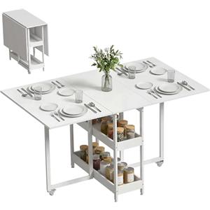 HOMCOM Tavolo da Pranzo Pieghevole, Tavolo Cucina a Ribalta con Ruote per 4 Persone, Scrivania Richiudibile Salvaspazio con 2 Ripiani Aperti, Ideale per Soggiorno, Ufficio, 133.4x80x75 cm, Bianco