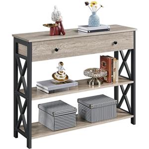 Yaheetech Tavolo Consolle Vintage Mobile da Ingresso in MDF e Ferro con Ripiani e Cassetti Tavolino Industriale per Divano Pavimento Corridoio 100 x 30 x 80 cm Grigio