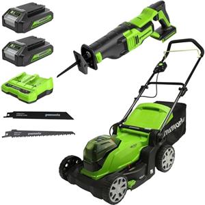 Greenworks 2x24V Tagliaerba a Batteria, Ampiezza di Taglio 36cm, Due 24V 2Ah Batterie & Caricabatterie, Sega a Gattuccio GD24RS, Garanzia 3 Anni