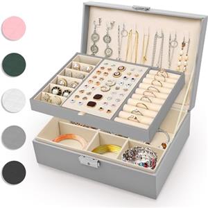 Eucomir Porta Gioielli Donna, Porta Gioielli da Viaggio Grande Gioielli Scatola Organizer 2 Strati Porta Gioielli Bambina in Pelle PU per Anelli Bracciali Orecchini Collane,Grigio