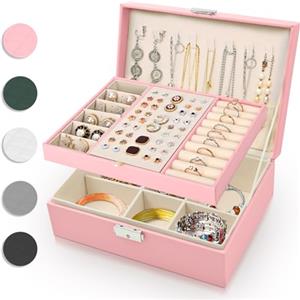 Eucomir Porta Gioielli Donna, Porta Gioielli da Viaggio Grande Gioielli Scatola Organizer 2 Strati Porta Gioielli Bambina in Pelle PU per Anelli Bracciali Orecchini Collane,Rosa Chiaro