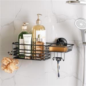 TAILI Mensola da Doccia in Acciaio Inox nera da Appendere, Senza Foratura, con Ventosa, con Ganci, Portasapone e Porta Rasoio, Accessorio da bagno, Mensola per Doccia Interna