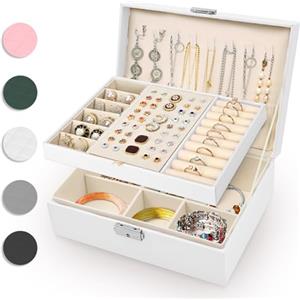Eucomir Porta Gioielli Donna, Porta Gioielli da Viaggio Grande Gioielli Scatola Organizer 2 Strati Porta Gioielli Bambina in Pelle PU per Anelli Bracciali Orecchini Collane,Bianco Latteo