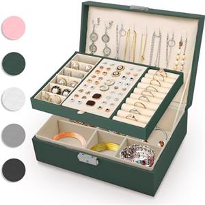Eucomir Porta Gioielli Donna, Porta Gioielli da Viaggio Grande Gioielli Scatola Organizer 2 Strati Porta Gioielli Bambina in Pelle PU per Anelli Bracciali Orecchini Collane,Verde