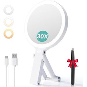 Auxmir Specchio Trucco con Luci LED, Specchio Ingranditore Bifacciale 30X/1X, 3 Colori Regolabile, Specchio da Tavolo Pieghevole, Compatto a Mano e per Appendere, Ricaricabile e Portatile da Viaggio