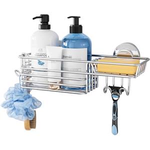 TAILI Mensola da doccia da appendere in acciaio inox, senza foratura, con ventosa, con ganci, portasapone e porta rasoio, accessorio da bagno, mensola per doccia interna, argento