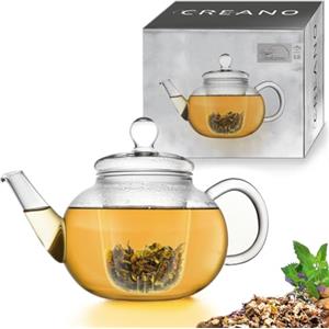 Creano Teiera in Vetro 0,8 L con Filtro e Copercio in Vetro Integrato Antigoccia Elegante Teiera Trasparente per Tè e Infusi Regalo Perfetto