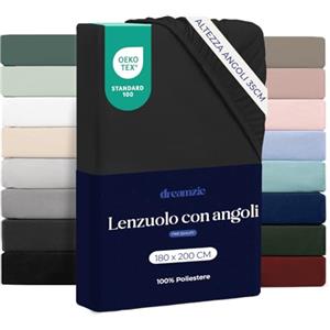 Dreamzie Lenzuolo con Angoli Matrimoniale 180x200 cm - Altezza Materasso fino a 33 cm- 100% Microfibra - Nero - Certificato Oeko TEX, Lenzuola Letto con Angoli ed Elastico