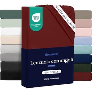 Dreamzie Lenzuolo con Angoli Matrimoniale 180x200 cm - Altezza Materasso fino a 33 cm- 100% Microfibra - Borgogna - Certificato Oeko TEX, Lenzuola Letto con Angoli ed Elastico