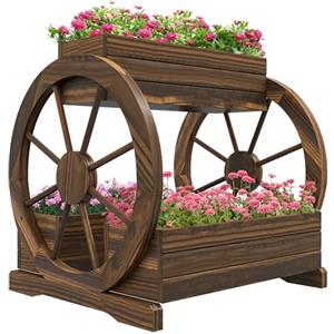 Outsunny Orto Rialzato da Esterno a 2 Livelli in Legno, con 3 Vasi e Ruote Stile Country, per Fiori, Erbe Aromatiche e Verdure su Giardino, Balcone e Terrazza, 64x54x60 cm
