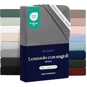 Dreamzie Lenzuolo con Angoli Matrimoniale 160x200 cm - Altezza Materasso fino a 33 cm- 100% Microfibra - Antracite - Certificato Oeko TEX, Lenzuola Letto con Angoli ed Elastico