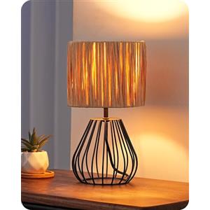 EDISHINE Lampada da Comodino Vintage, Abat-jour Boho in Carta Raphia e Base a Gabbia in Ferro, Lampadina LED E14 Inclusa, Luce a 2700K Bianco Caldo, Lampada da Tavolo per Camera, Salotto, Ufficio