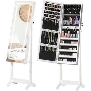 HOMCOM Specchio Portagioie a Figura Intera con Luce LED, Armadietto Portagioielli Autoportante con Inclinazione Regolabile e Serratura, Bianco