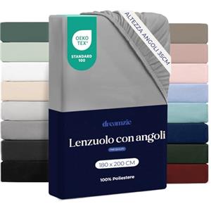 Dreamzie Lenzuolo con Angoli Matrimoniale 180x200 cm - Altezza Materasso fino a 33 cm- 100% Microfibra - Grigio - Certificato Oeko TEX, Lenzuola Letto con Angoli ed Elastico