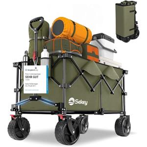 Sekey XXL Plus Carrello Spiaggia con Freni 200L 150KG, Carrello Pieghevole Ruote Grandi Extra 17x10 cm Tutti i Terreni, Brevettato Pieghevole da QUATTRO Direzioni SE4011, Verde Oliva