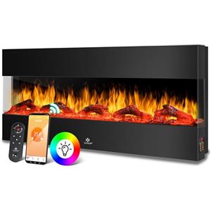 KESSER® Camino elettrico da parete, 3D, 138 cm, con riscaldamento, 9 modalità di colore, effetto fiamma LED, 900/1800 W, stufa da parete e camino da incasso, montaggio a parete, funzione app