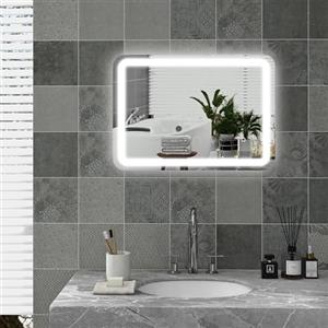 HOMCOM Specchio Bagno con Luce LED 70x50cm, Specchio da Parete con 3 Colori Dimmerabile, Funzione Memoria, Antiappannamento, Interruttori Touch, in Vetro Temperato, IP44, Orizzontale/Verticale
