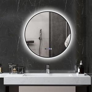 HOMCOM Specchio da Bagno con Luce LED Regolabile, Specchio Rotondo Anti Nebbia 70 cm, Specchio da Parete con Smart Touch con Display Ora e Temperatura e Funzione Memoria, IP44, Nero