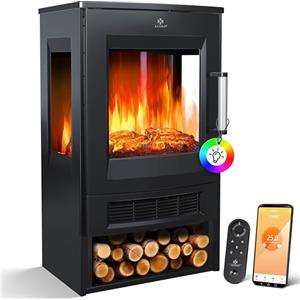 KESSER® Camino elettrico riscaldamento, finestra panoramica, ventilatore riscaldato, effetto fiamma LED 9 modalità colore, telecomando, WiFi 900/1800 W termostato (nero)