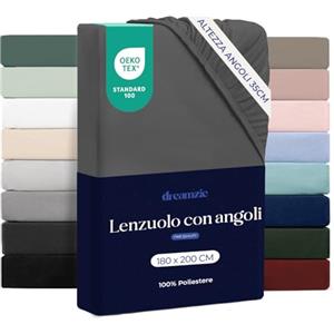 Dreamzie Lenzuolo con Angoli Matrimoniale 180x200 cm - Altezza Materasso fino a 33 cm- 100% Microfibra - Grigio Scuro - Certificato Oeko TEX, Lenzuola Letto con Angoli ed Elastico
