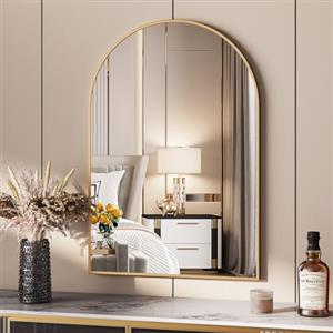 Clevich Specchio da parete ad arco con oro, 96x66 cm, Decorativo da parete ad arco semicircolare, Con cornice in alluminio spazzolato, per bagno, corridoio, soggiorno, camera da letto, Infrangibile