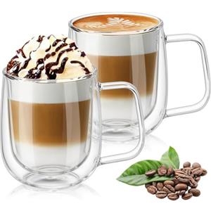 Vicloon Tazza in Vetro a Doppia Parete, Bicchiere Tazzine Termo-isolata, 250 ml con Manico, Calici da Acqua per Tè, Caffè, Latte, Cappuccino, Espresso, Birra Trasparente, Set di 2